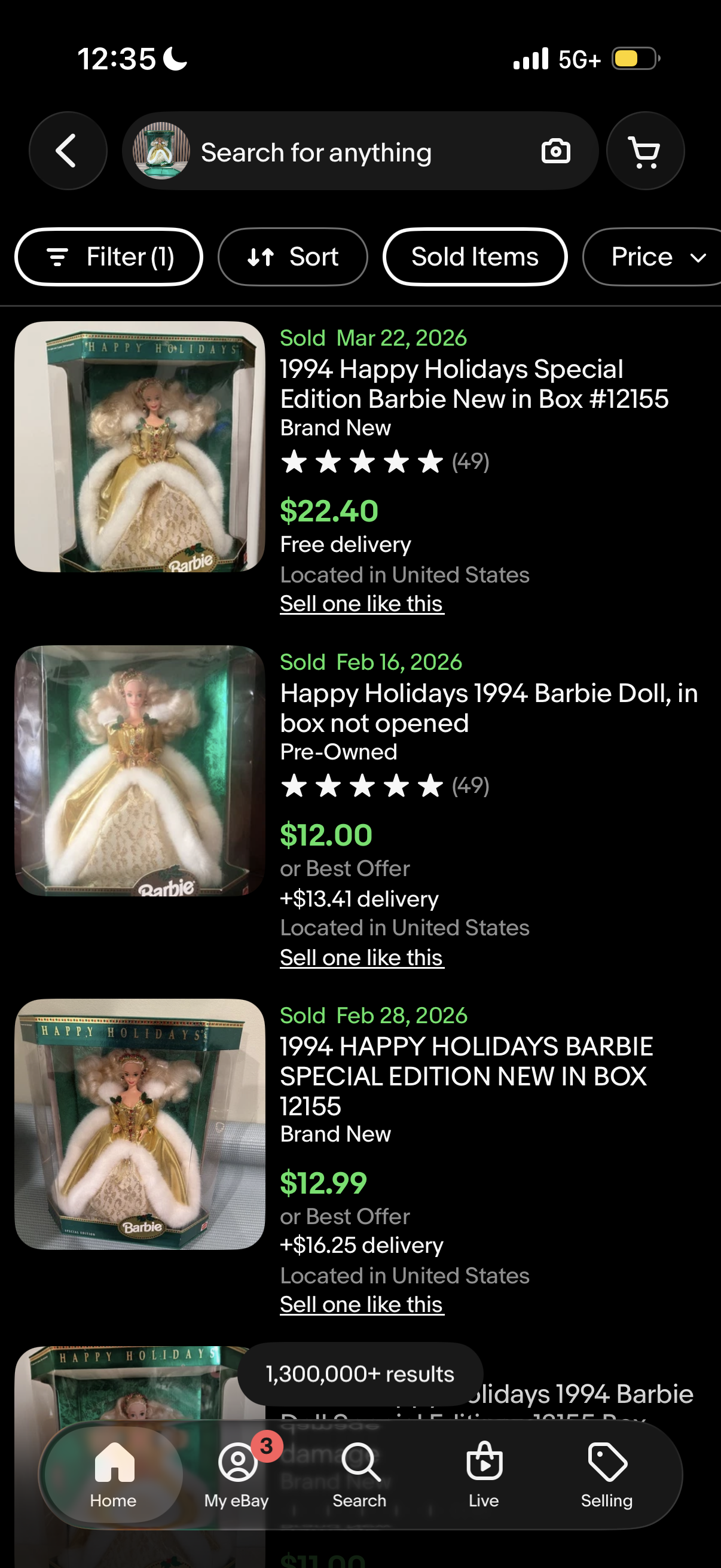 1994 Happy Holidays Barbie Doll Mattel 12155