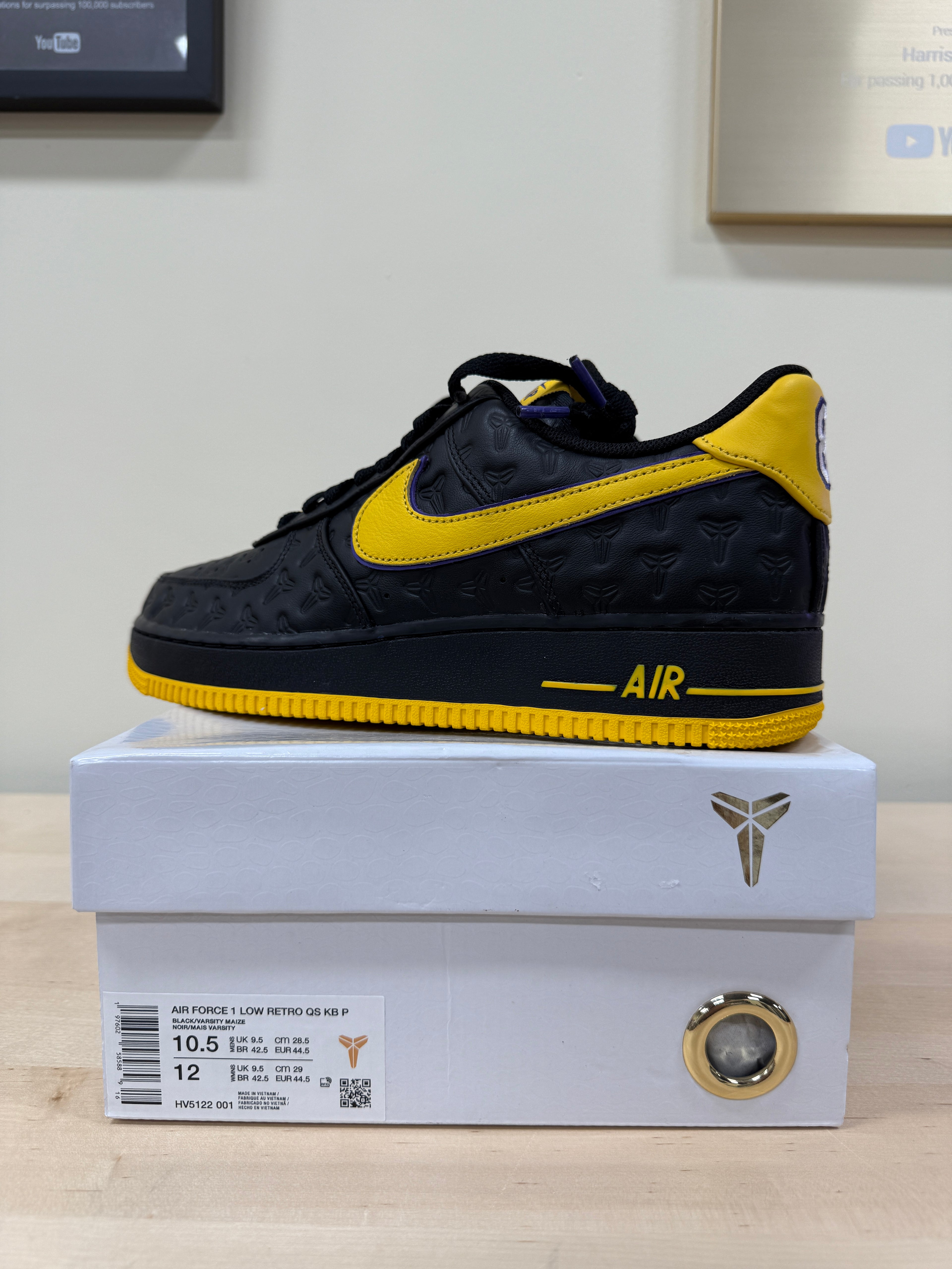 Nike Air Force 1 Low Kobe Bryant Lakers Away (Numbered Edition of 8000) Sz 10.5