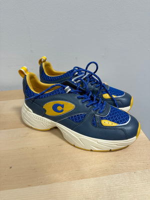 NEW COACH Men's Tech Runner Sneakers Blue Fin Navy Yellow Shoes Size 8 C5935