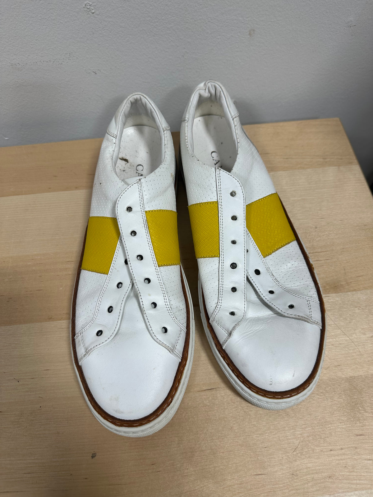 Canali White Perforated Leather Yellow Panel Low Top Sneakers 791212 Men's Size 10 (EU 43)