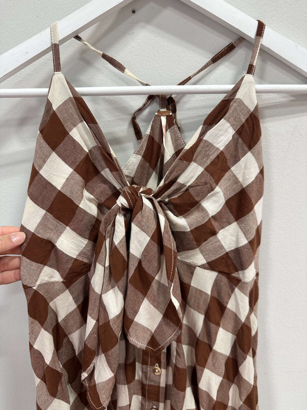 Free People Via Gingham Seersucker Tie-Front Midi Dress - Brown - Size S