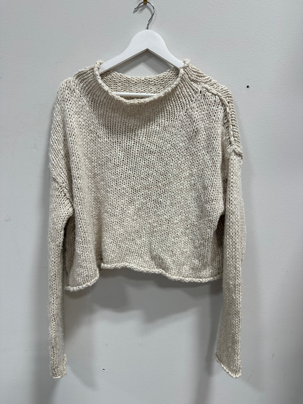 Free People Chunky Heavy Knit Cropped Boxy Sweater - Cream Ivory - Size L