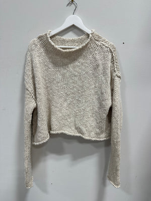 Free People Chunky Heavy Knit Cropped Boxy Sweater - Cream Ivory - Size L