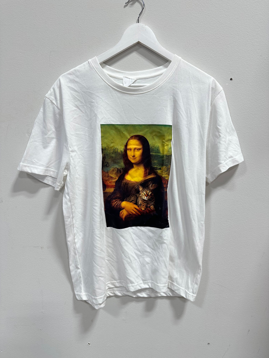 Mona Lisa Cat Renaissance Parody Graphic T-Shirt White - Size XL