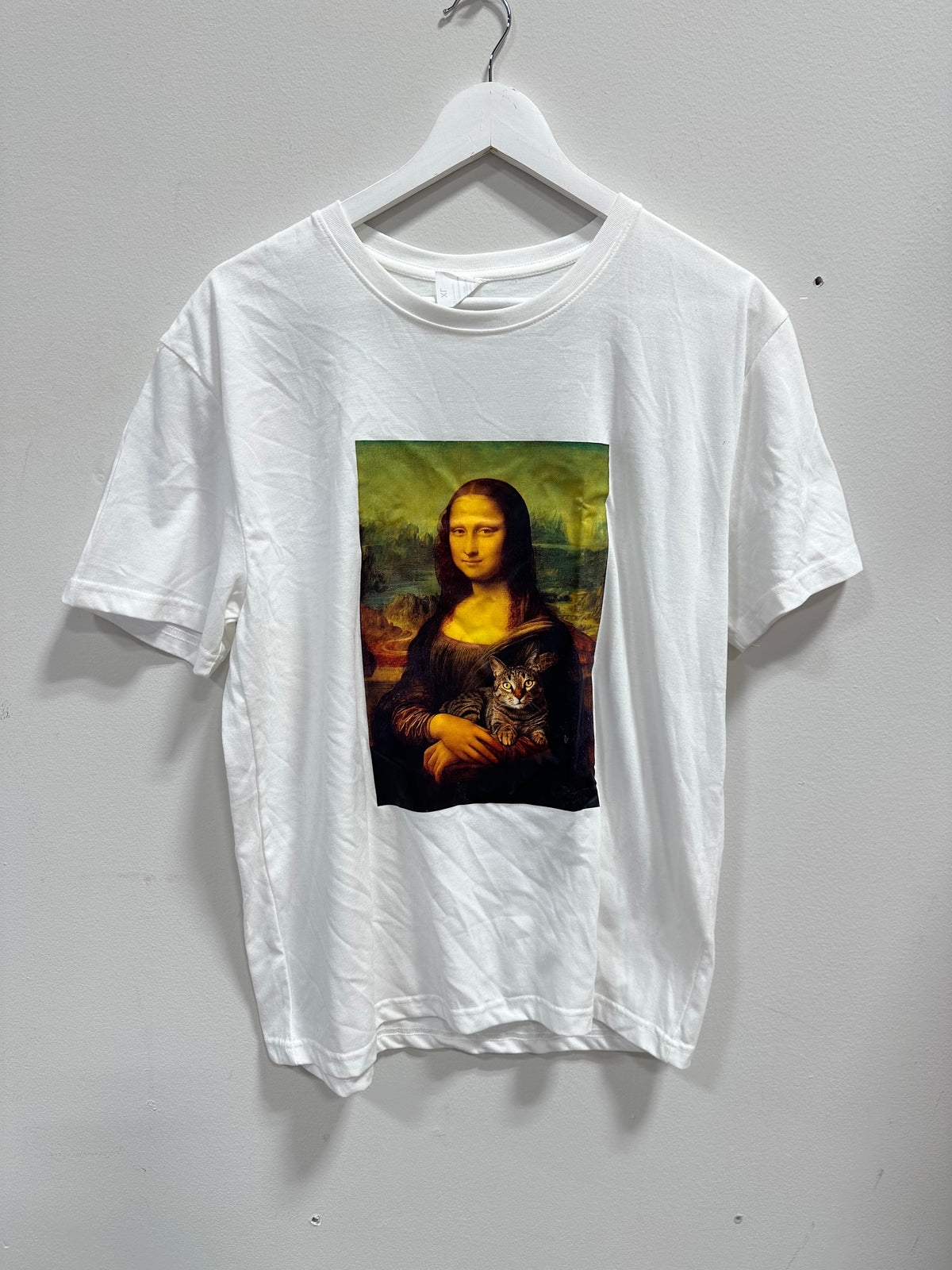 Mona Lisa Cat Renaissance Parody Graphic T-Shirt White - Size XL
