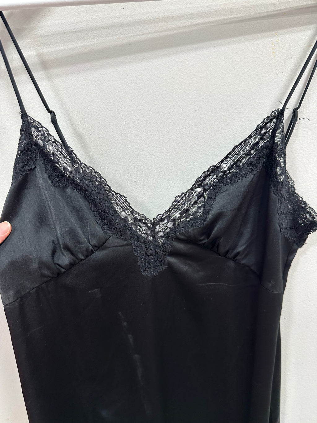 H&M Black Lace-Trimmed Satin V-Neck Mini Slip Dress - Size S