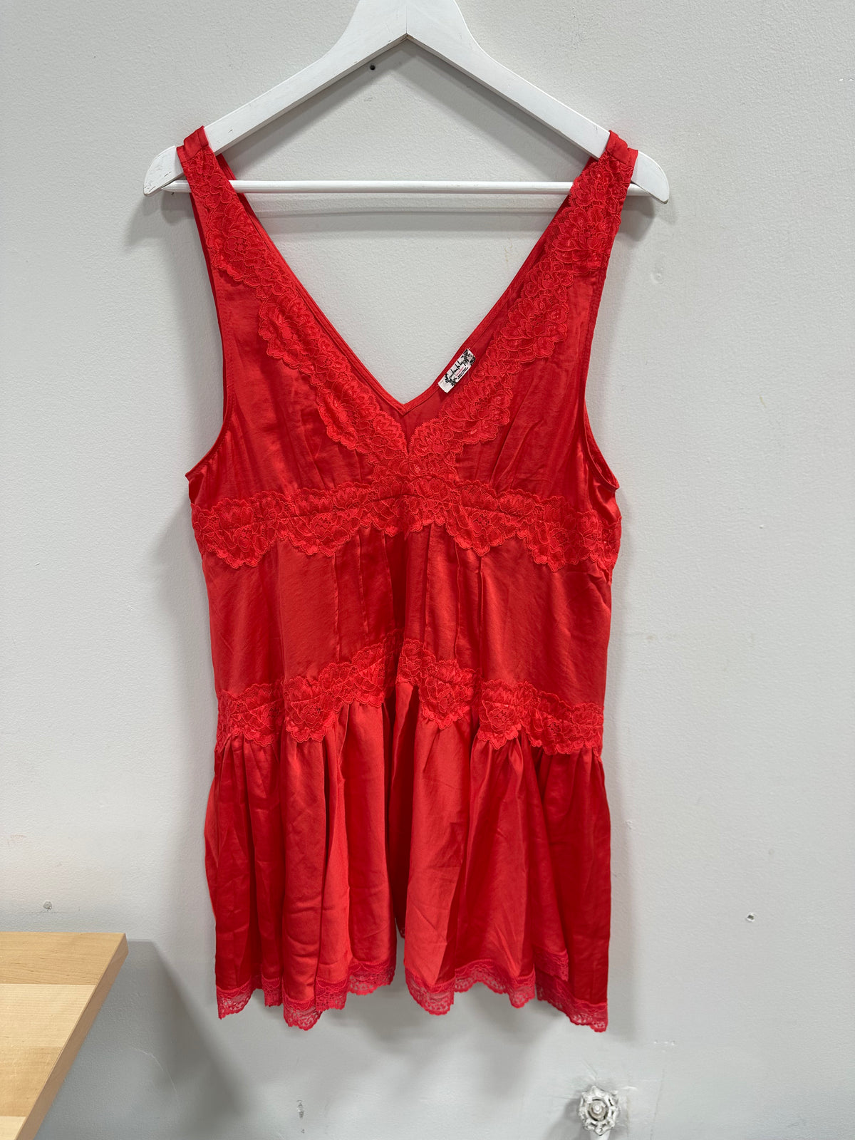 New with tags Free People "In This Groove" Satin Lace Babydoll Mini Dress Red Medium