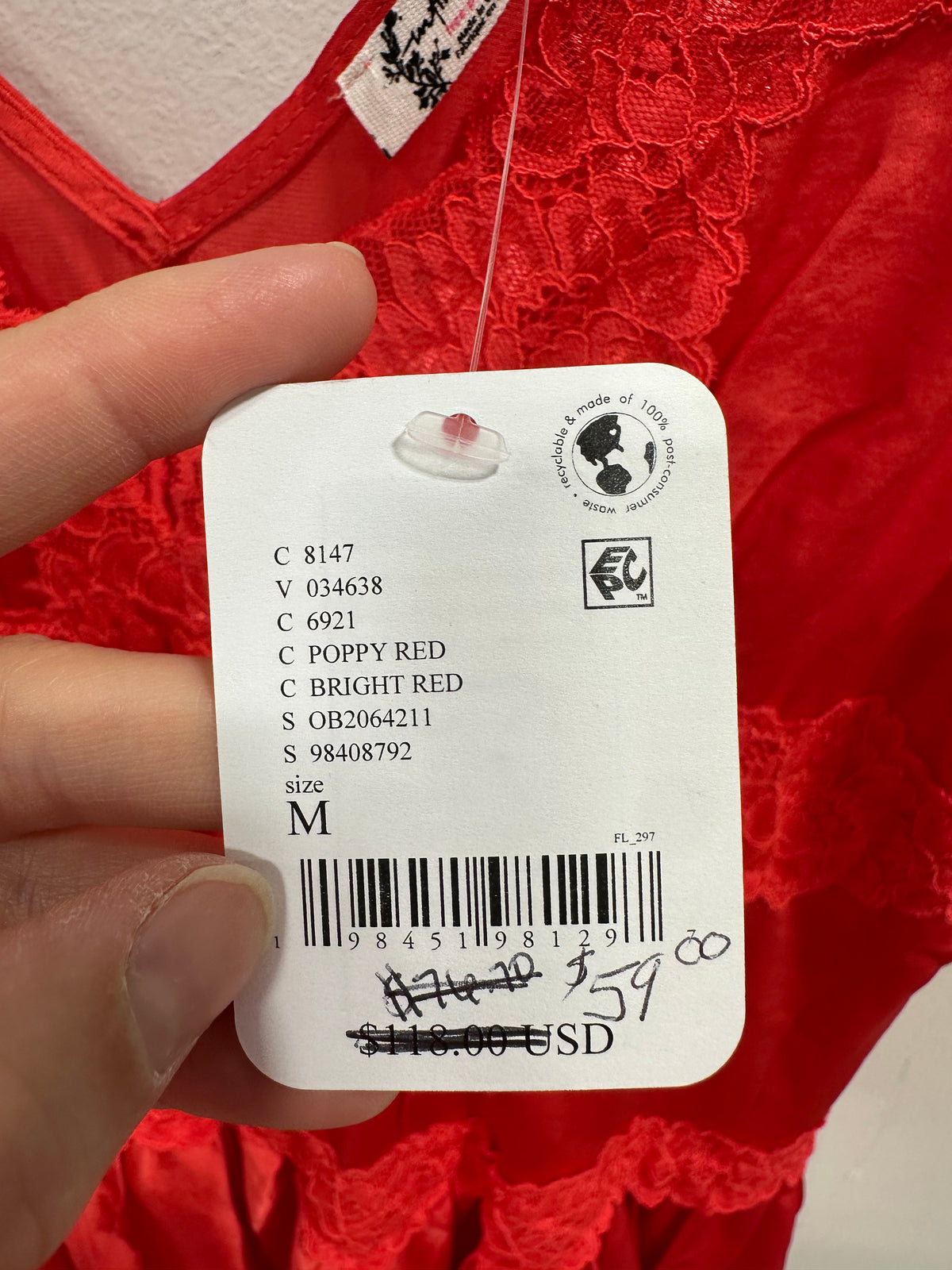 New with tags Free People "In This Groove" Satin Lace Babydoll Mini Dress Red Medium