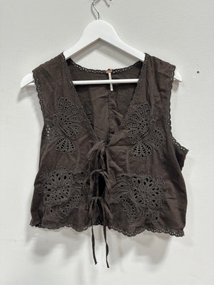 Free People Sweet Escape Eyelet Embroidered Tie-Front Vest Top Washed Black Size L