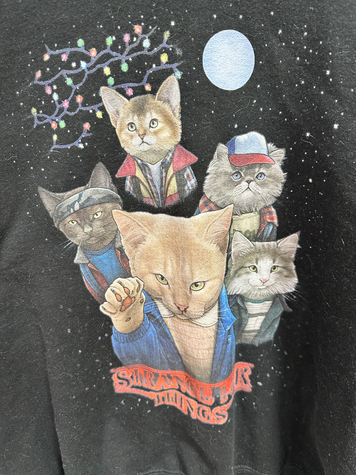 Vintage Stranger Things Cat Parody Sci-Fi Graphic Sweatshirt Black Size L