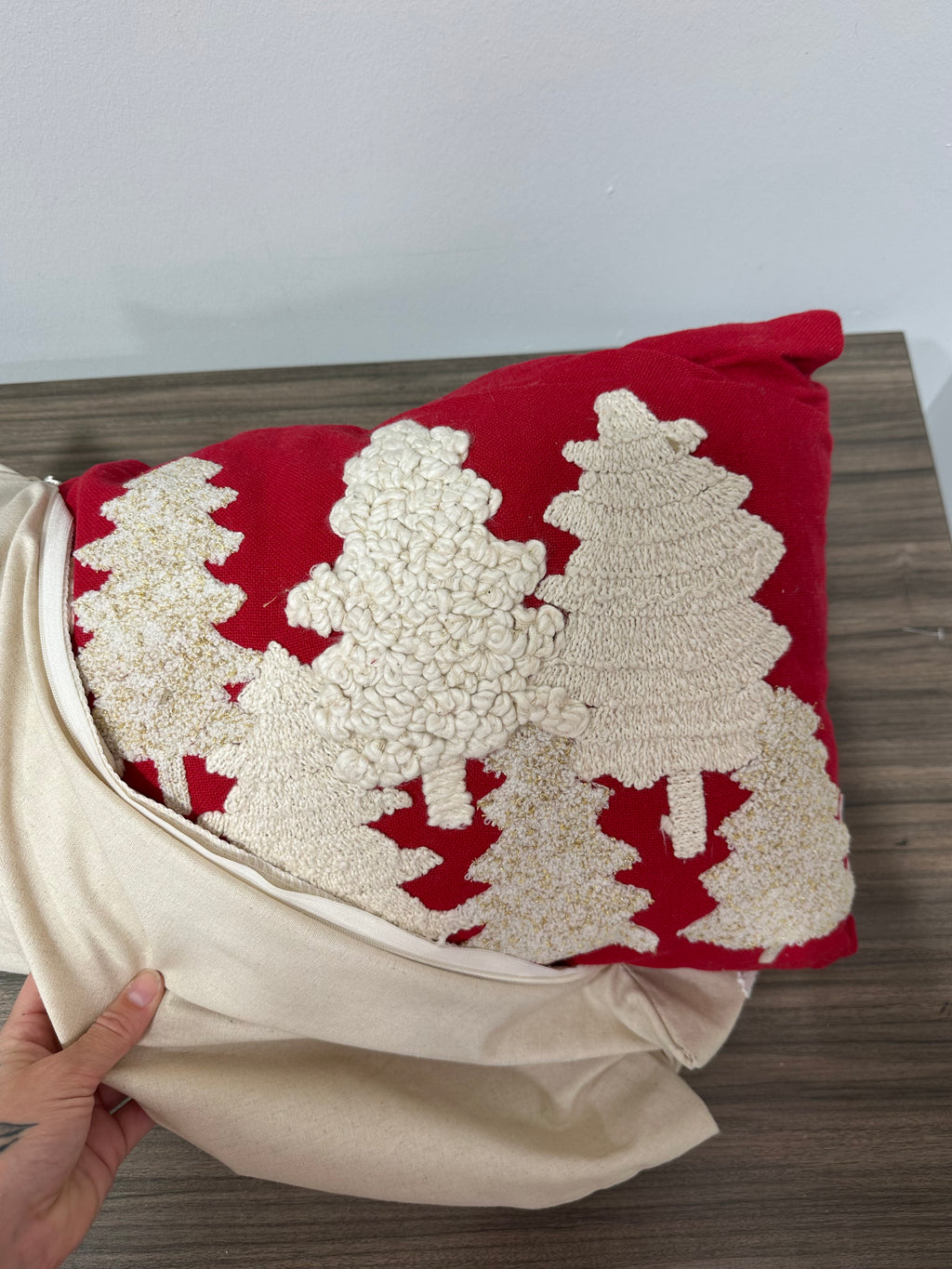 Vibhsa Tufted Embroidered Christmas Tree Lumbar Decorative Pillow Beige 14x30