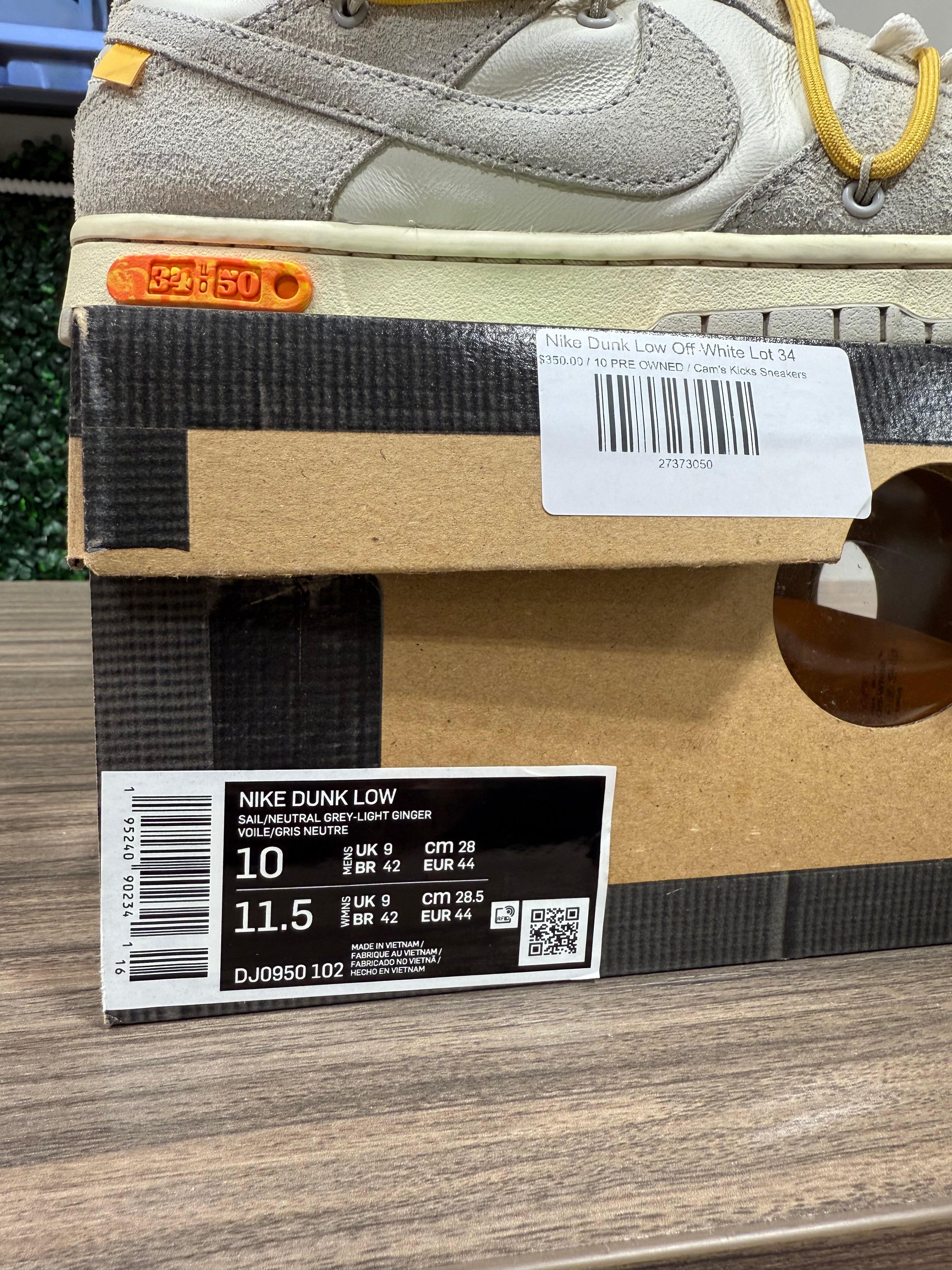 Off White x Nike Dunk Low Lot 34 Sz 10
