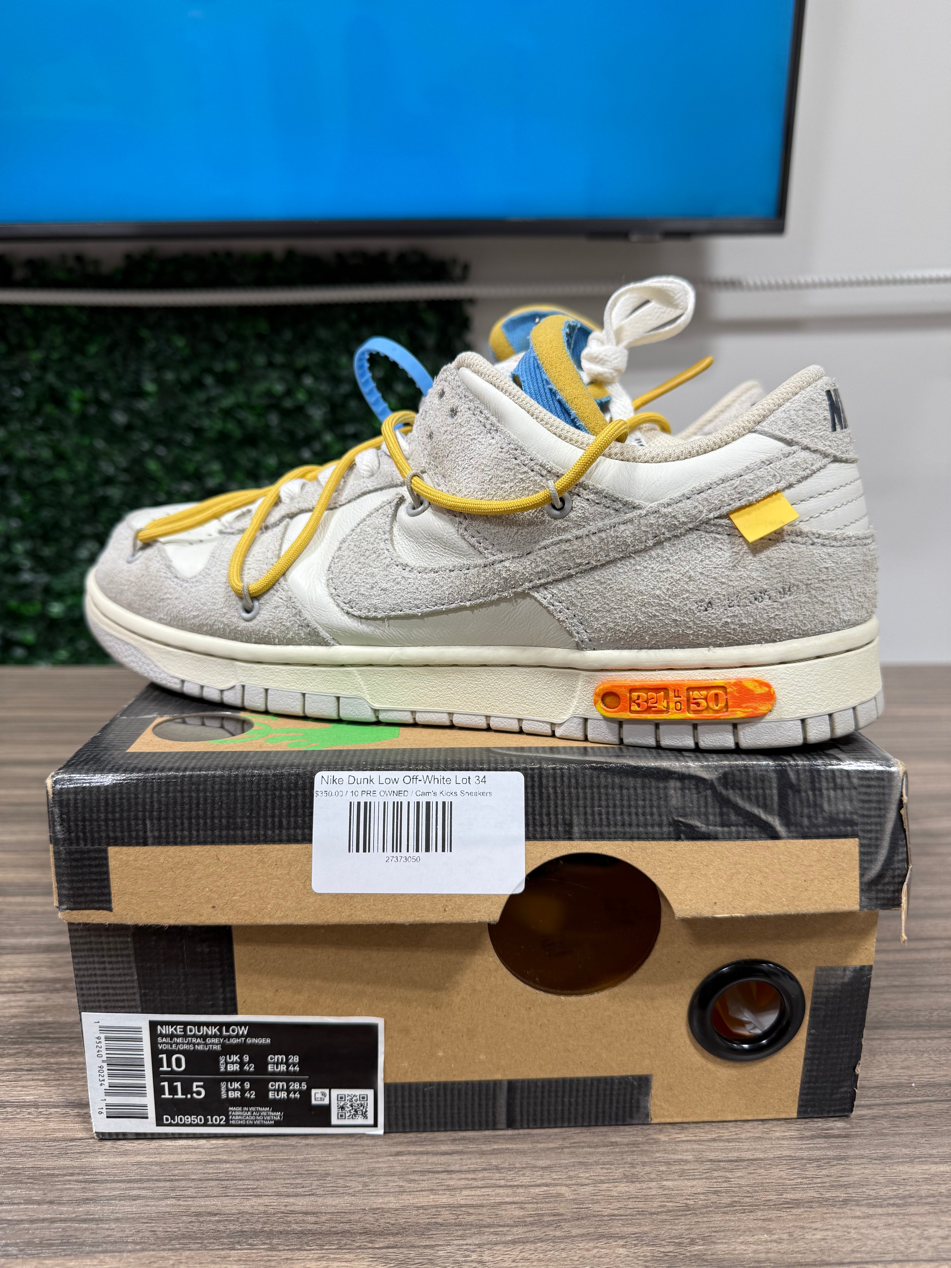 Off White x Nike Dunk Low Lot 34 Sz 10