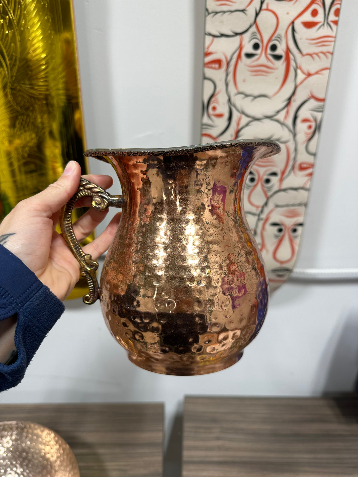 Vintage Hammered Copper Pitcher w/ Ornate Brass Handle & Bloomingville Bowl Set