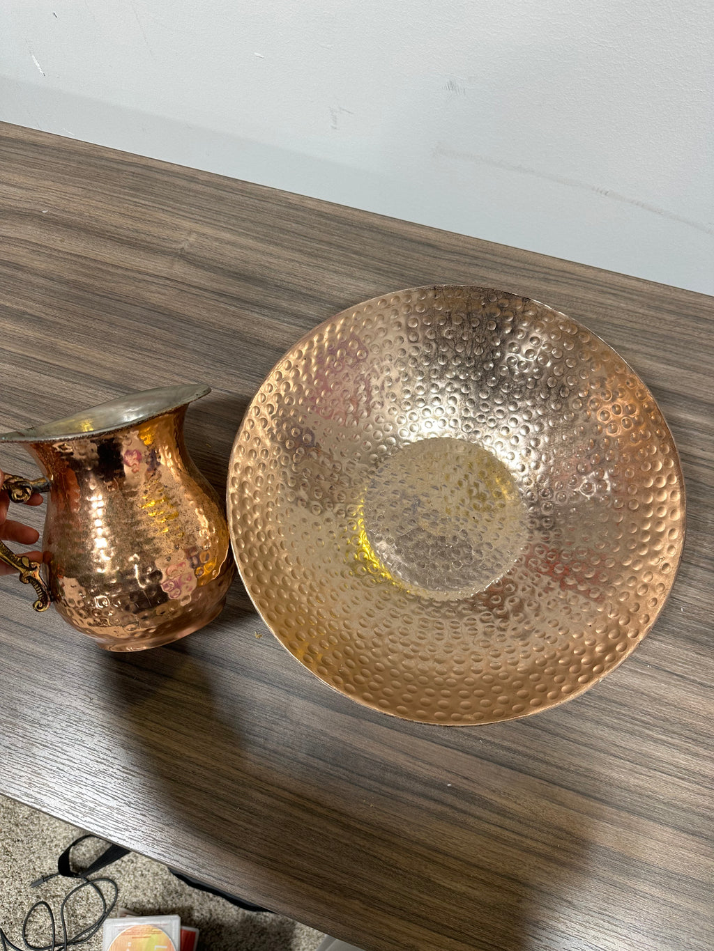 Vintage Hammered Copper Pitcher w/ Ornate Brass Handle & Bloomingville Bowl Set