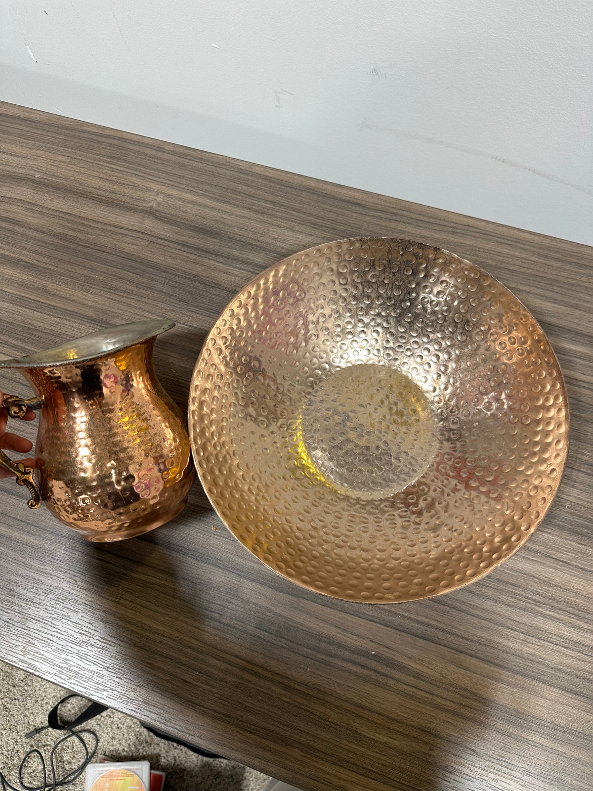 Vintage Hammered Copper Pitcher w/ Ornate Brass Handle & Bloomingville Bowl Set