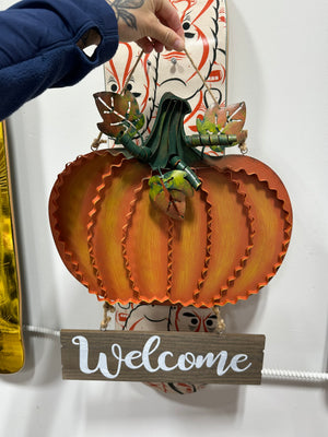 Rustic Metal Pumpkin Welcome Sign Hanging Fall Front Door Decor Autumn Wood