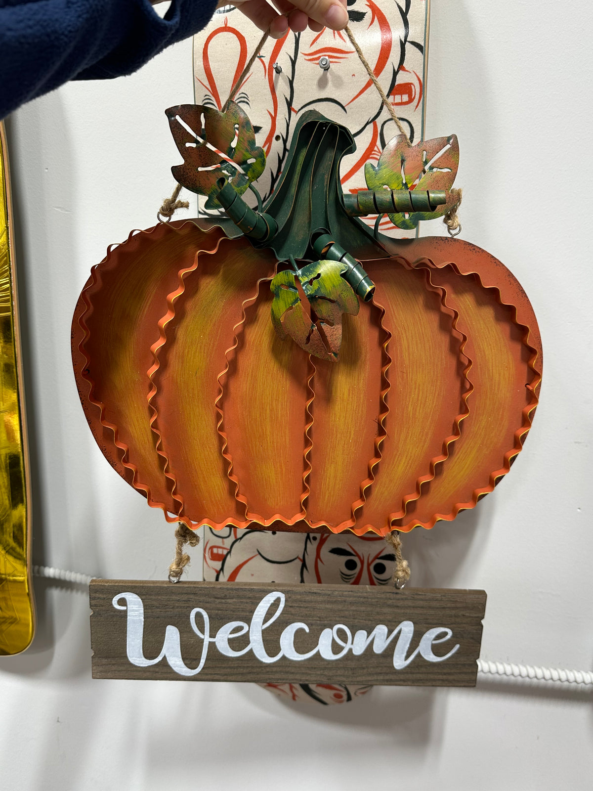 Rustic Metal Pumpkin Welcome Sign Hanging Fall Front Door Decor Autumn Wood