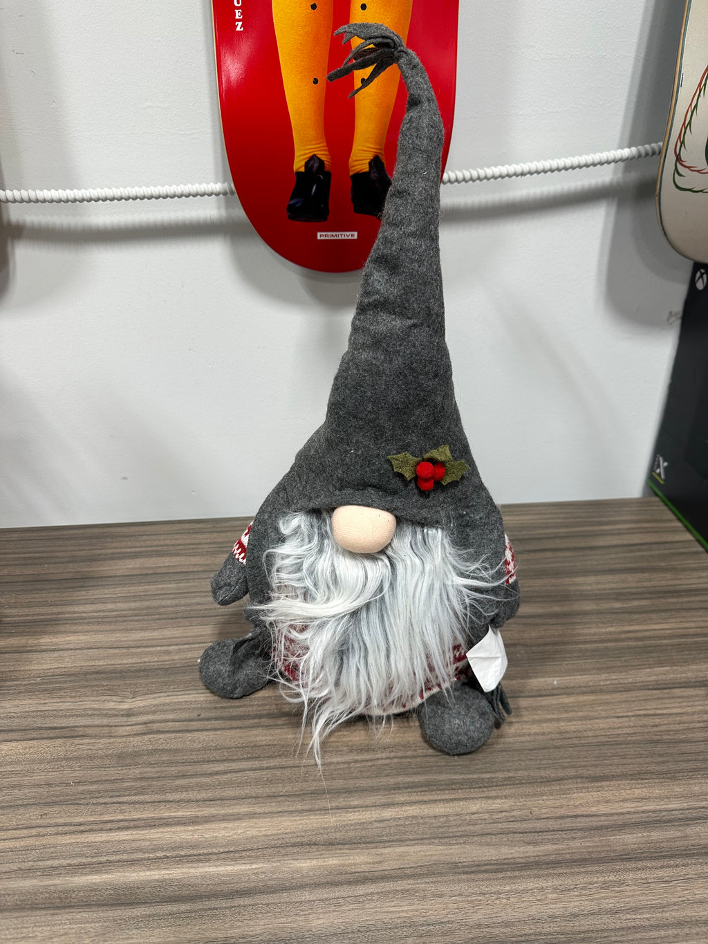 Holiday Grey Felt Gnome Plush Accent - Red White Fair Isle Knit Tree Sweater