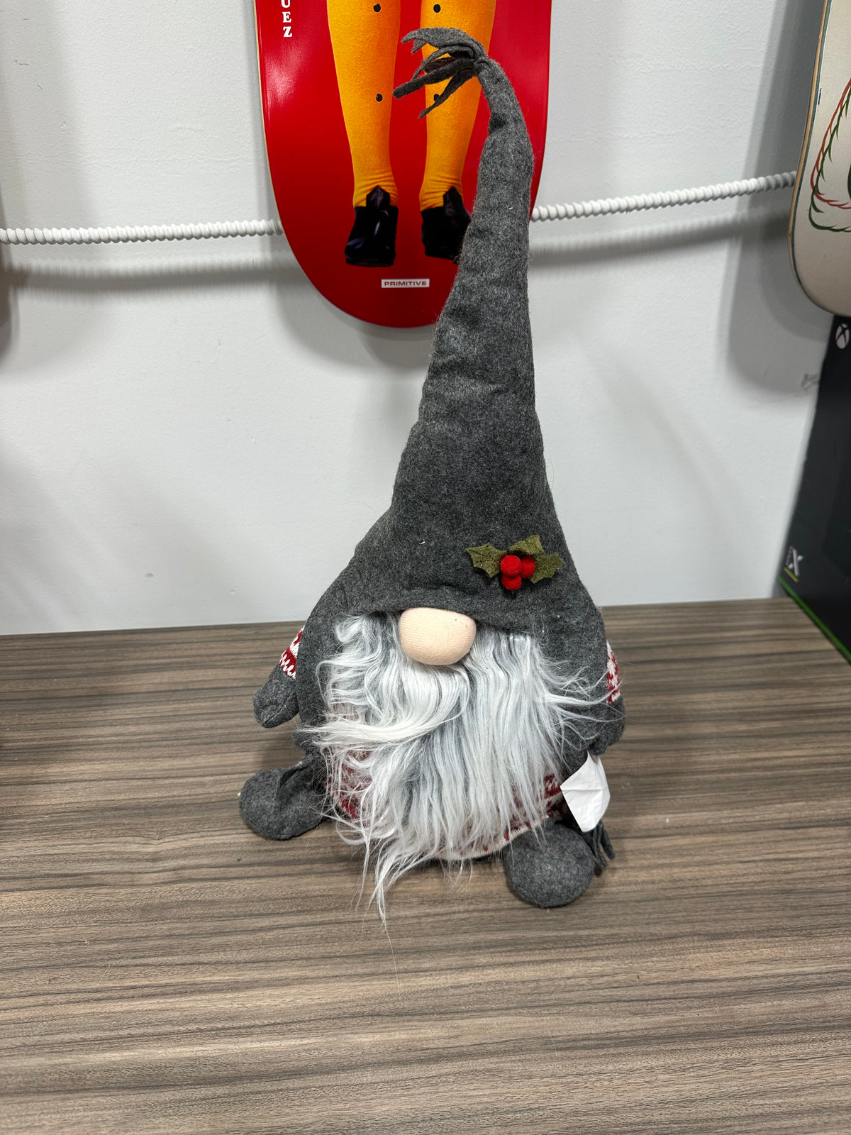 Holiday Grey Felt Gnome Plush Accent - Red White Fair Isle Knit Tree Sweater