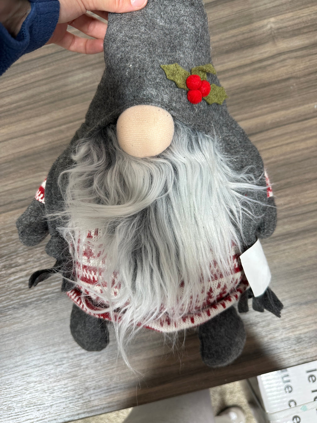 Holiday Grey Felt Gnome Plush Accent - Red White Fair Isle Knit Tree Sweater