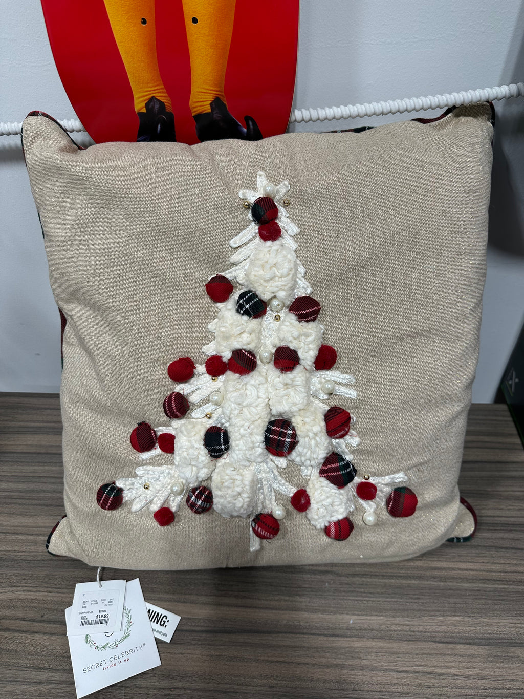 NEW Secret Celebrity Christmas Tree Applique Throw Pillow 3D Plaid Pom Poms NWT
