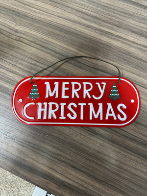 Merry Christmas Embossed Metal Sign - Red Hanging Plaque Holiday Porch Decor