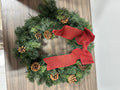 Holiday Faux Evergreen Christmas Wreath w/ Pine Cones & Red Ribbon
