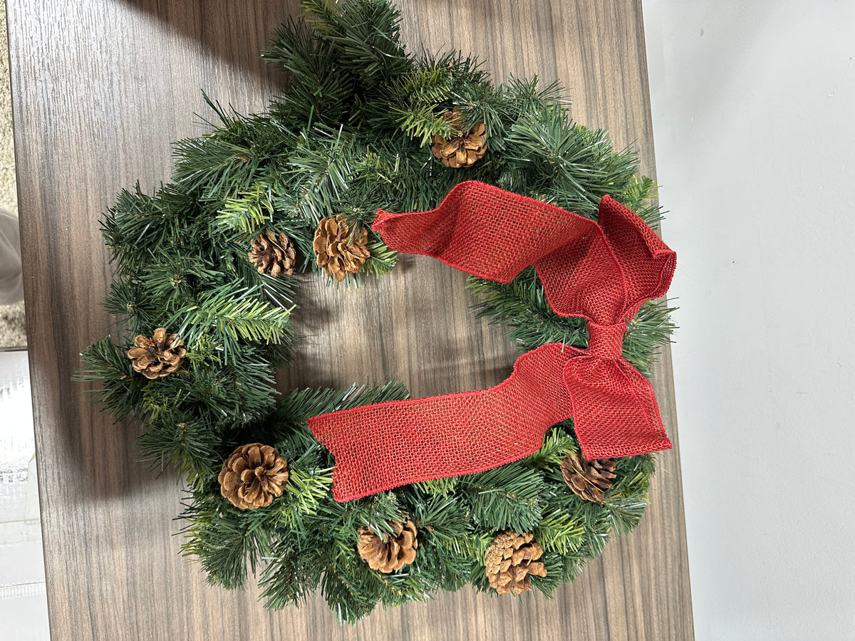 Holiday Faux Evergreen Christmas Wreath w/ Pine Cones & Red Ribbon