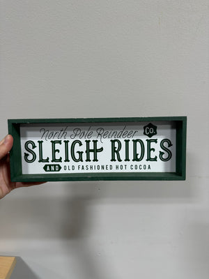 North Pole Reindeer Co Sleigh Rides Christmas Wooden Shadowbox Sign Green White