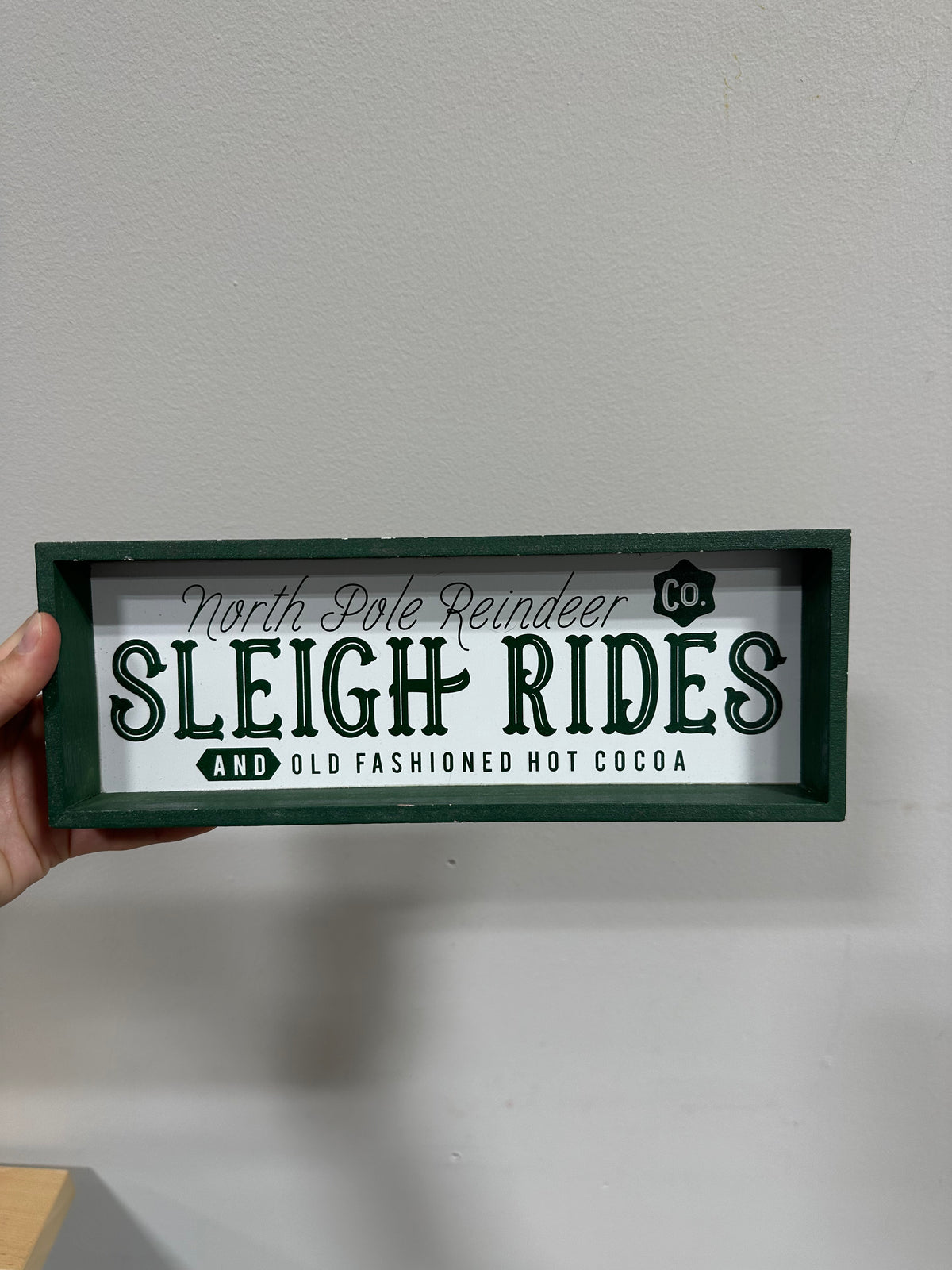 North Pole Reindeer Co Sleigh Rides Christmas Wooden Shadowbox Sign Green White