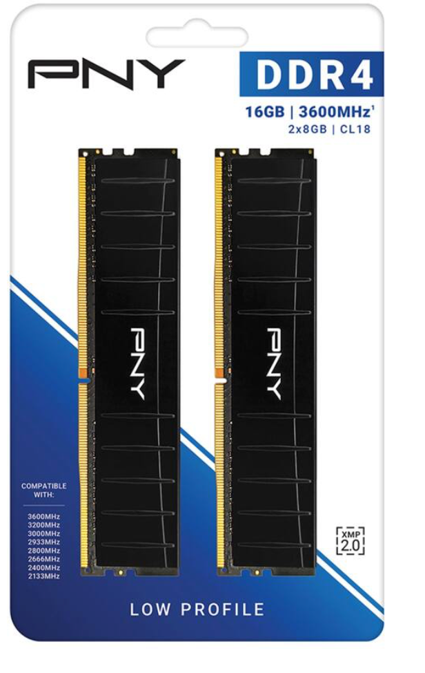 PNY XLR8 Gaming low-profile desktop memory kit containing 16GB (2x8GB) of DDR4 RAM