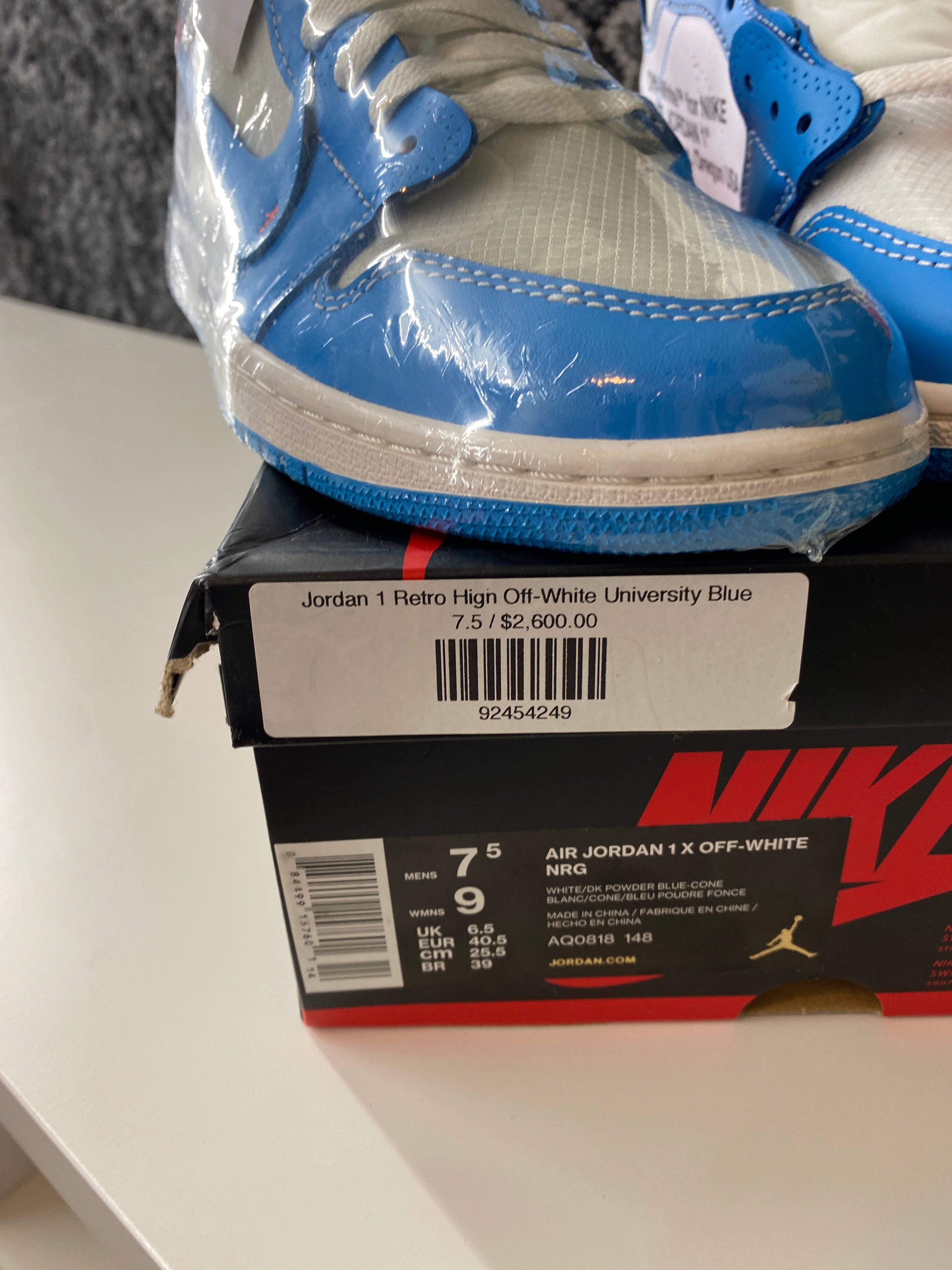 Jordan 1 Retro High Off-White UNC Sz 7.5